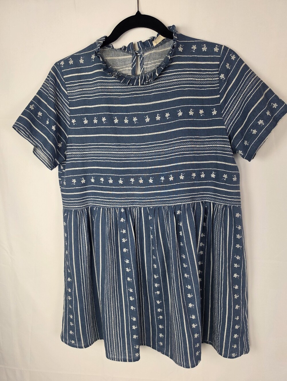 Jade by Jane Linen Blend Babydoll Top Blue Floral Ruffle Small Boho Cottagecore